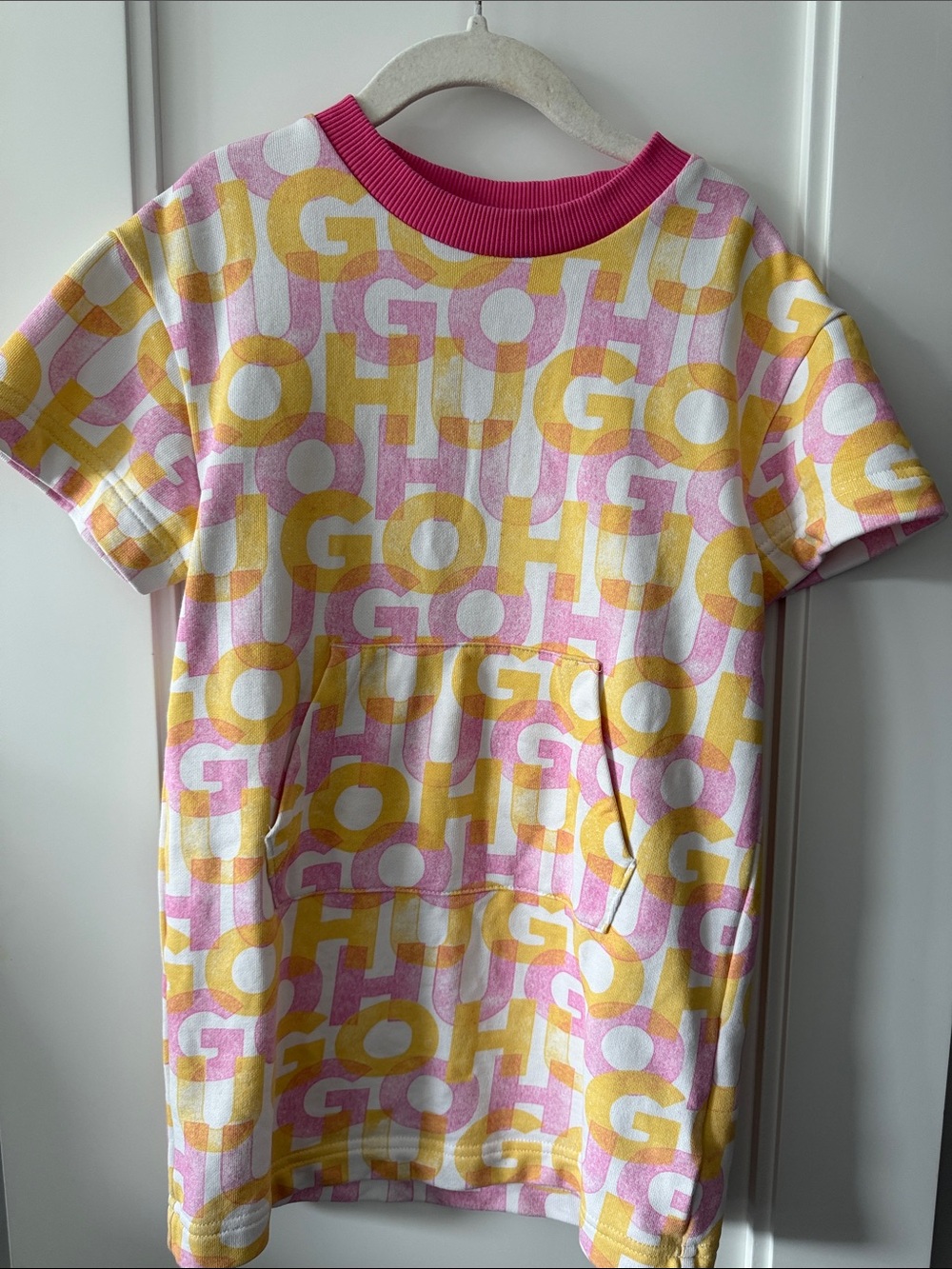 HUGO Pink & Yellow Logo Pocket Sweatshirt Dress